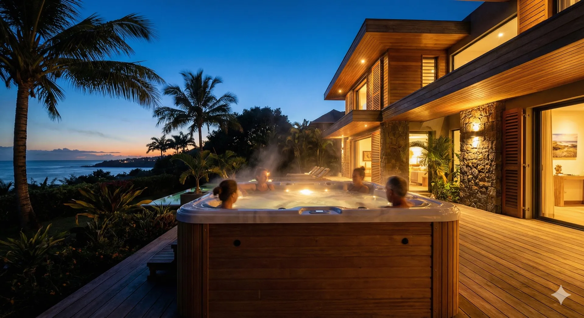 Spa de luxe éclairé la nuit sur une terrasse tropicale à La Réunion