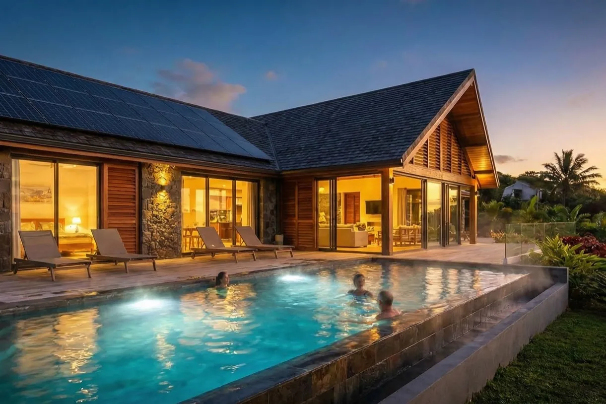 Piscine tropicale chauffée au solaire avec maison créole et palmiers à la Réunion
