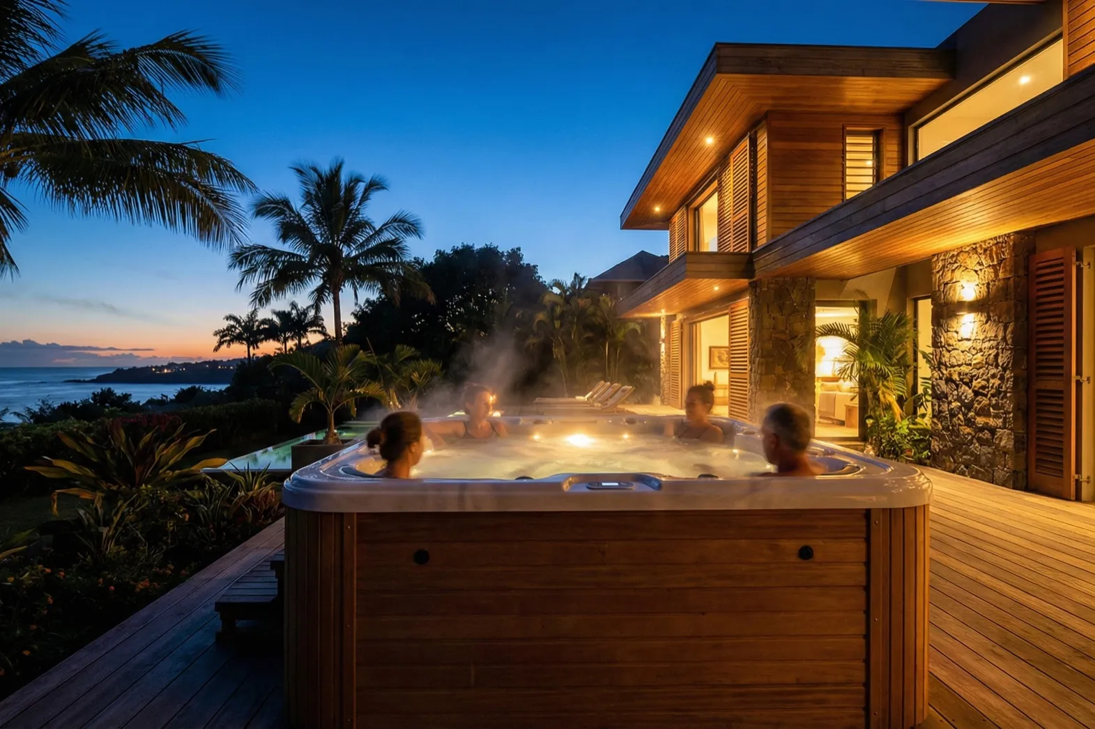 Spa de luxe éclairé la nuit sur une terrasse tropicale à La Réunion